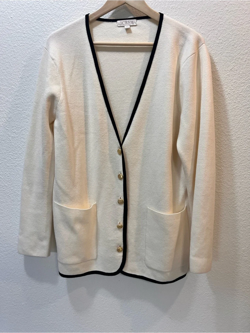 J.Crew Giselle V-neck Sweater-Blazer Ivory Black Contrast Trim Cardigan M